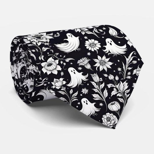 Halloween Zwart & Witte Geesten Bloem Stropdas (Opgerold)