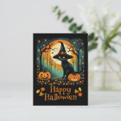 Halloween zwarte heks kat en volle maan pompoen briefkaart (Staand voorkant)