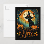 Halloween zwarte heks kat en volle maan pompoen briefkaart (Voorkant / Achterkant)