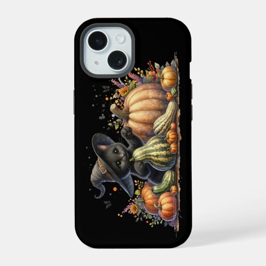 Halloween Zwarte Heks' Kitten Met Pompoenen En Kal iPhone 15 Case (Achterkant)