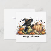Halloween Zwarte Heks Kitten Met Pompoenen Kalebas Feestdagenkaart (Voorkant / Achterkant)