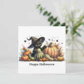 Halloween Zwarte Heks Kitten Met Pompoenen Kalebas Feestdagenkaart (Staand voorkant)