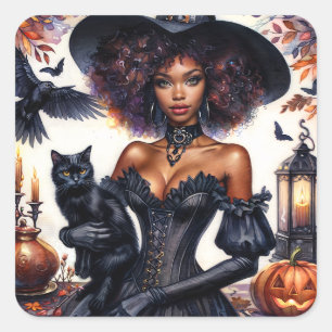 Halloween zwarte heks met kat herfst vierkante sticker