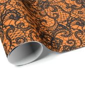 Halloween Zwarte Kant op Oranje Cadeaupapier (Rol Hoek)