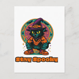 Halloween Zwarte Kat  Blijf Spooky Retro Heksenkat Briefkaart