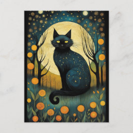 Halloween Zwarte Kat Bos Bloemen Volle Maan Briefkaart