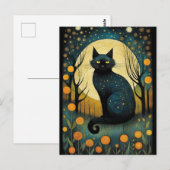 Halloween Zwarte Kat Bos Bloemen Volle Maan Briefkaart (Voorkant / Achterkant)