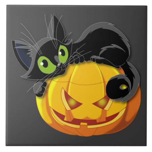 Halloween zwarte kat bovenop pompoen tegeltje (Voorkant)