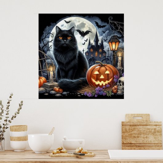Halloween Zwarte Kat Decoratief Huis Poster (Keuken)