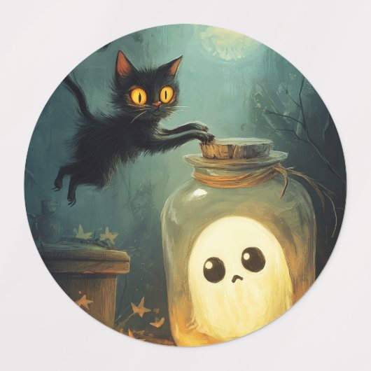 Halloween zwarte kat en geest labels (Design 1)