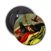  Halloween zwarte kat en heks Button Flesopener (Voorkant)