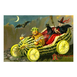 Halloween zwarte kat en heks Foto Afdruk