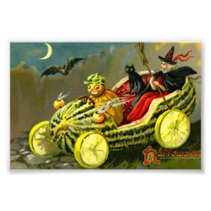  Halloween zwarte kat en heks Foto Afdruk