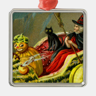 Halloween zwarte kat en heks Metalen Ornament