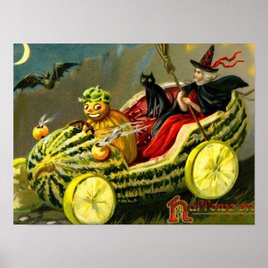 Halloween zwarte kat en heks Poster (Voorkant)