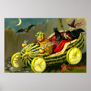  Halloween zwarte kat en heks Poster