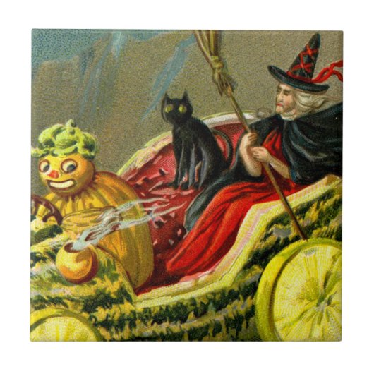 Halloween zwarte kat en heks Tegeltje (Voorkant)