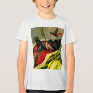 Halloween zwarte kat en heks Tri-Blend Shirt