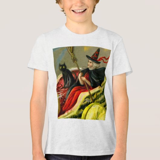 Halloween zwarte kat en heks Tri-Blend Shirt (Voorkant)