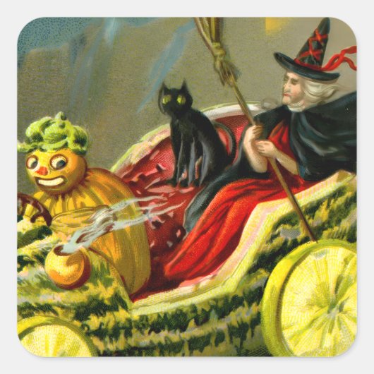 Halloween zwarte kat en heks Vierkante Sticker (Voorkant)