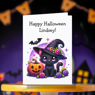 Halloween zwarte kat en kleurplaat voor kinderen kaart