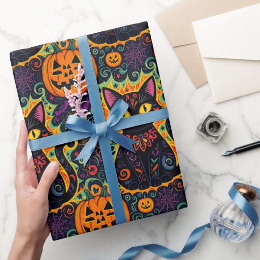 Halloween zwarte kat en pompoen inpakpapier (Geschenken)