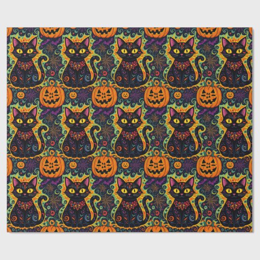 Halloween zwarte kat en pompoen inpakpapier (Vlak)