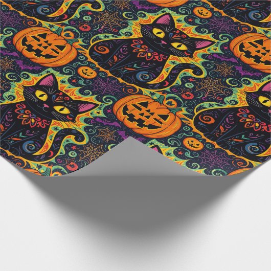 Halloween zwarte kat en pompoen inpakpapier (Hoek)