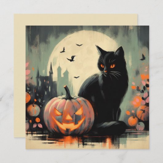 Halloween Zwarte Kat en Pompoen Kaart (Voorkant / Achterkant)