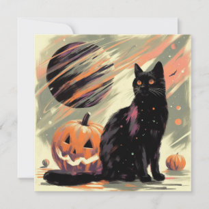 Halloween Zwarte Kat en Pompoen Kaart