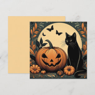 Halloween Zwarte Kat en Pompoen Kaart
