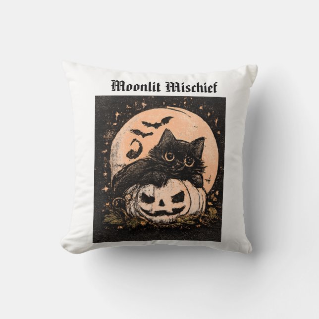 Halloween Zwarte Kat en Pompoen Maan Worp Kussen (Voorkant)