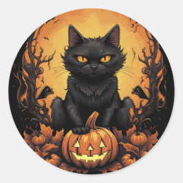 Halloween | Zwarte kat en pompoen Ronde Sticker