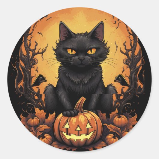 Halloween | Zwarte kat en pompoen Ronde Sticker (Voorkant)