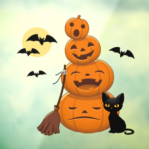 Halloween Zwarte Kat en Pompoenen Stapel Raamsticker