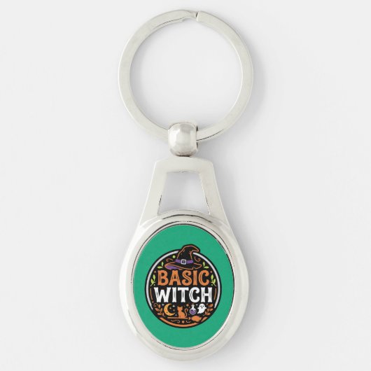 Halloween: zwarte kat en spook – Basic Heks. Sleutelhanger (Voorkant)