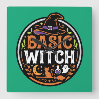 Halloween: zwarte kat en spook – Basic Heks. Vierkante Klok