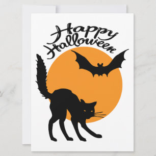 Halloween zwarte kat en vleermuis met maan, hallow kaart
