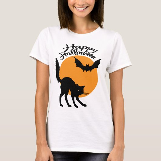 Halloween zwarte kat en vleermuis met maan, hallow t-shirt (Voorkant)