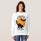 Halloween zwarte kat en vleermuis met maan, hallow trui (Voorkant volledig)