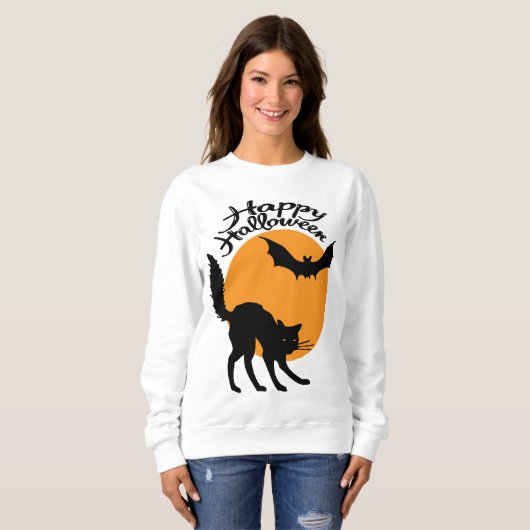 Halloween zwarte kat en vleermuis met maan, hallow trui (Voorkant volledig)