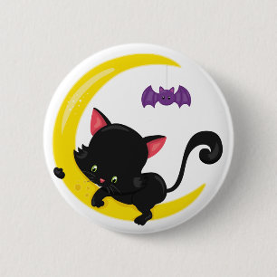 Halloween Zwarte kat en Vleermuis op Halve Maan Ronde Button 5,7 Cm