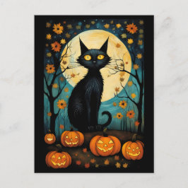 Halloween zwarte kat en volle maan griezelige pomp briefkaart