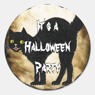 HALLOWEEN Zwarte Kat Gedrukt Nep Verbrand Pergamen Ronde Sticker