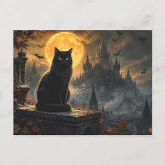 Halloween Zwarte Kat Gotische Kasteel Briefkaart