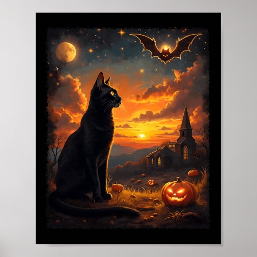 Halloween Zwarte Kat Gotische Maan Scene Feest Poster (Voorkant)