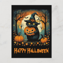 Halloween Zwarte Kat Griezelige Pompoen Volle Maan Briefkaart