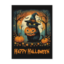 Halloween Zwarte Kat Griezelige Pompoen Volle Maan