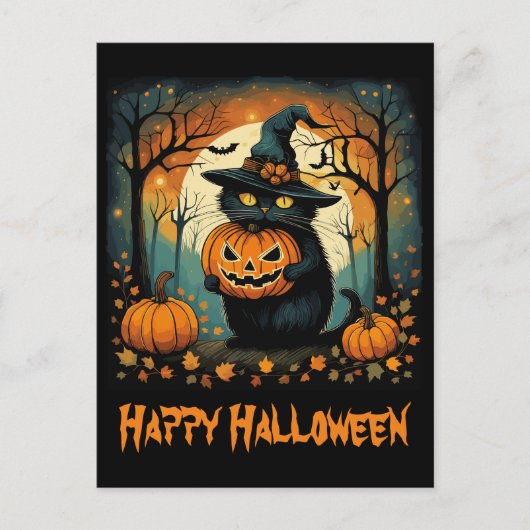 Halloween Zwarte Kat Griezelige Pompoen Volle Maan Briefkaart (Voorkant)