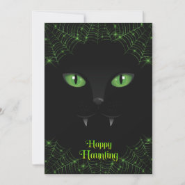 Halloween Zwarte Kat Groene Webben Feestdagenkaart